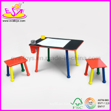 Mesa con dos taburetes silla de la escuela para niños, colorido silla de madera de la escuela de juguete para los niños, venta caliente silla de la escuela de madera Wj278604